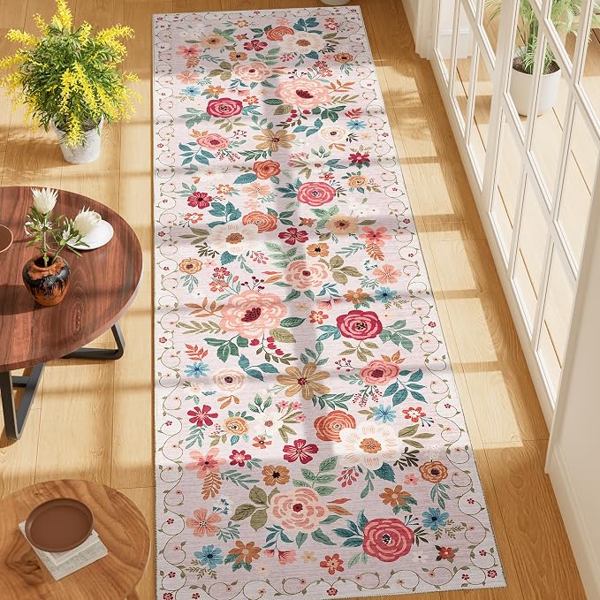 DUKINO Runner Rug, 2x7 Boho Kitchen Rug for Hallways with Low Pile Design, Washable Non Slip Backing Soft Floral Runner for Kitchen, Hallway, Entryway, Bedroom, Laundry, Beige