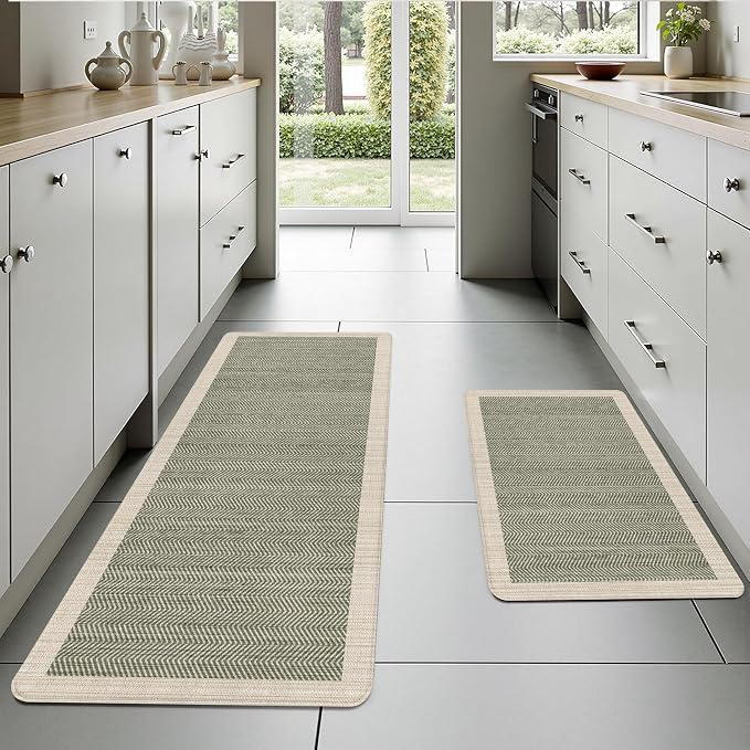 Sage Green Vintage Boho Elegance Kitchen Rug Sets [2 PCs], Anti-Fatigue, Waterproof Non-Slip Kitchen Mats Heavy Duty Comfort Foam Rug for Kitchen, Floor, Laundry,17"x29"+17"x47"