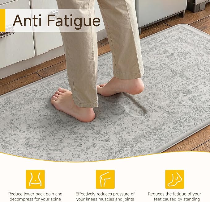 PureCozy Kitchen Mats 2PCS Anti Fatigue Cushioned Mat Gray Vintage Kitchen Mats for Floor Waterproof Non Slip Comfort Standing Grey Retro Floral Rug for Sink Laundry Office 17.3"x47"+17.3"x30"