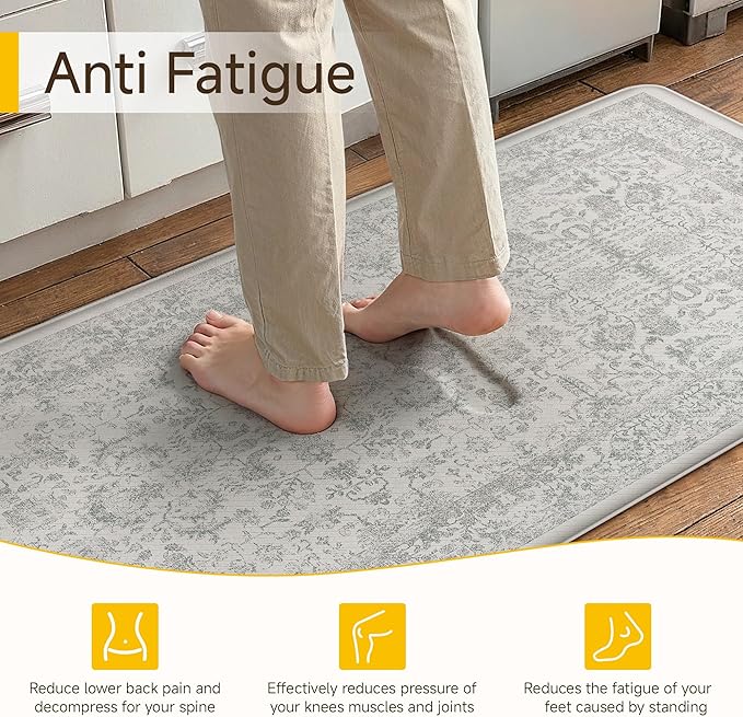 PureCozy Kitchen Mats 2PCS Anti Fatigue Cushioned Mat Gray Vintage Kitchen Mats for Floor Waterproof Non Slip Comfort Standing Grey Retro Floral Rug for Sink Laundry Office 17.3"x59"+17.3"x30"