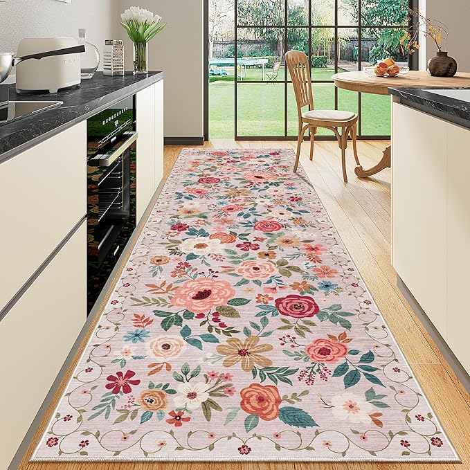 DUKINO 3x10 Runner Rug for Hallway, Washable Kitchen Floral Runner Rug with Non Slip Backing, Low Pile Soft Boho Carpet for Kitchen, Hallway, Entryway, Laundry, Bedroom, Beige