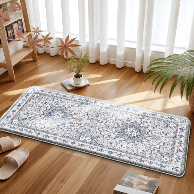 Boho Kitchen Mats for Floor 2 Piece Set Anti Fatigue Cushioned PVC Kitchen Rugs Non Slip Waterproof Farmhouse Mats 2/5 Inch Comfort Standing Mat for Sink, Laundry, 17.3"x59"+17.3"x28", Blue Grey
