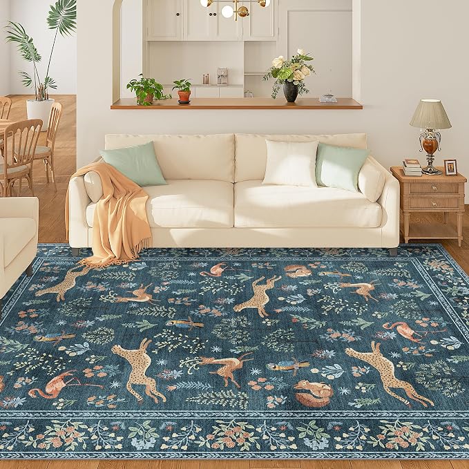 DUKINO 6x9 Rug, Washable Animal Living Room Rug with Non Slip Vintage Design, Soft Low Pile Large Carpet for Bedroom, Nursery, Dining Room, Farmhouse, Playroom, Blue