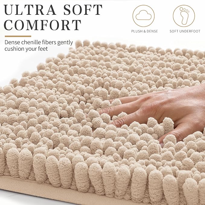 Yimobra Bathroom Rugs Non Slip Washable - Ultra Soft Absorbent Chenille Bath Mat, Quick Dry Shaggy Floor Carpet for Tub Shower, Light Brown Home Decor Accessories, 24x17 Inch