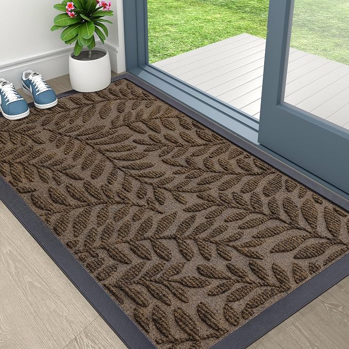 OLANLY Door Mat Indoor Outdoor Entrance, 29.5x17, Waterproof All-Weather All-Season Doormat, Sturdy Natural Rubber, Stain and Fade Resistant, Low Profile, Easy Clean Patio Entryway Mat, Medium Brown