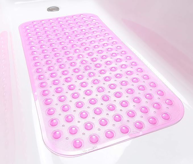 Large Non-Slip Bathtub & Shower Mat 31”x16” (Smooth/Non-Textured Tubs Only) Safe, Clean, Machine-Washable, Superior Grip&Drainage, Vinyl, Transparent Pink
