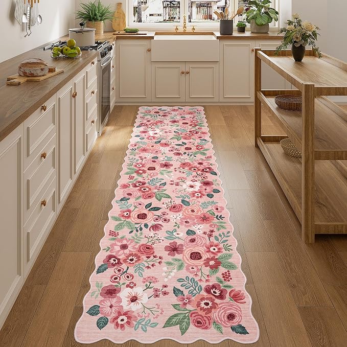 DUKINO 2.6x10 Runner Rug for Hallway, Lightweight Washable Floral Kitchen Rug with Non Shedding, Soft Low Pile & Non Slip Backing Boho Runner for Entryway, Bathroom, Laundry, Bedroom, Pink