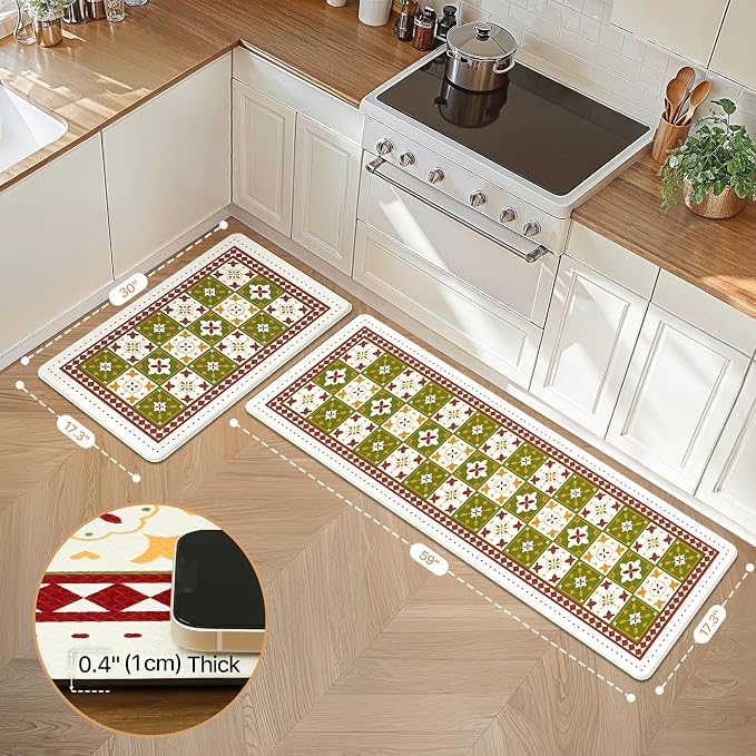 GENIMO Anti Fatigue Kitchen Mats for Floor, Cushioned Non Slip Kitchen Rug, Waterproof Kitchen Floor Mat Runner, Kitchen Mat for Laundry, Sink, Office, Entryway, 17.3"x59"+17.3"x30", Green