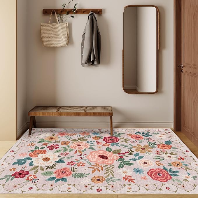 DUKINO 3x5 Area Rug, Floral Rugs for Entryway, Lightweight Non Slip Washable Rug, Indoor Low Pile & Non-Shedding Boho Design Rugs for Bedroom, Living Room, Dining Room, Kitchen, Beige