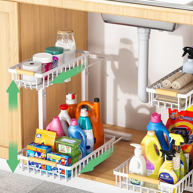 Merrylun Under Sink Organizers,5 Adjustable Height，Metal Pull Out Under Sink Organizers and Storage Shelves with Sliding Drawer 2 pack, White