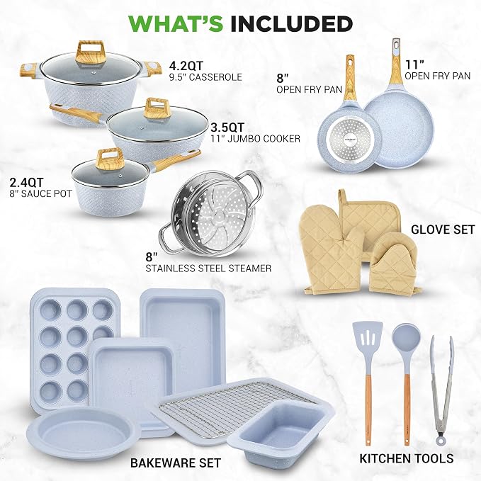 NutriChef 22-Piece Nonstick Ceramic Cookware Set – Pots and Pans Set with Bakeware, Utensils & Oven Mitts, Induction Compatible, PTFE & PFAS Free, Tempered Glass Lids, Cool-Touch Handles