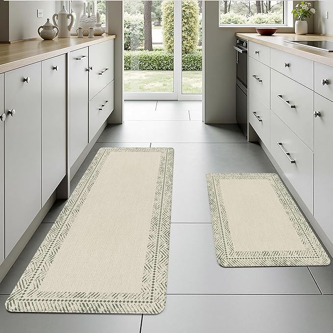 Sage Green Vintage Boho Elegance Frame Kitchen Rug Sets [2 PCs], Anti-Fatigue, Waterproof Non-Slip Kitchen Mats Heavy Duty Comfort Foam Rug for Kitchen, Floor, Laundry,17"x29"+17"x47"