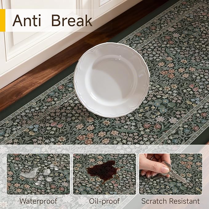 Kitchen Mats for Floor Thick Anti Fatigue Waterproof Vintage Spring Floral Kitchen Rugs 2PCS Cushioned Non Slip Black Green Comfort Standing Mats for Sink Laundry Office 17.3"×47"+17.3"×30"