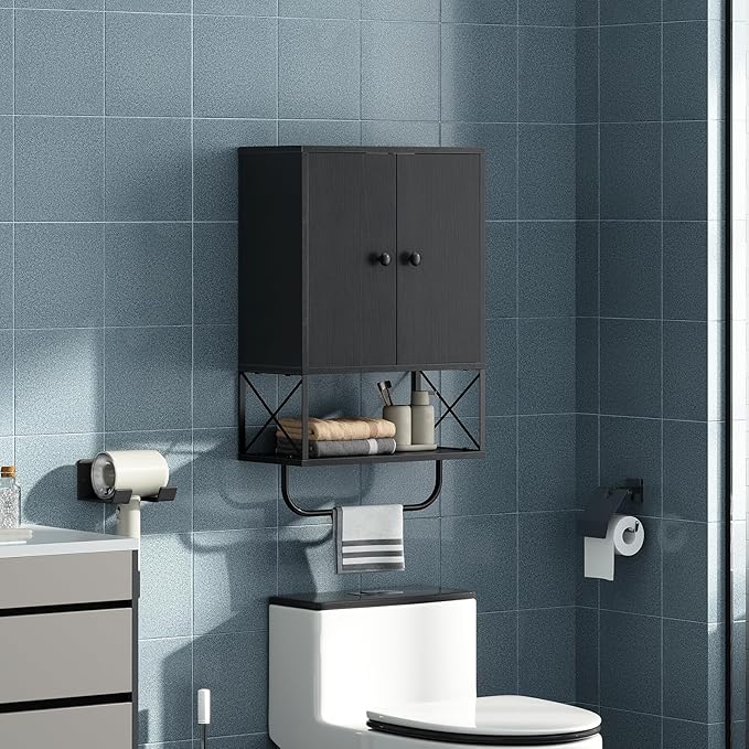 MAHANCRIS Bathroom Wall Cabinet with 2 Door and Adjustable Shelf, Farmhouse Medicine Cabinet with Towel Rack, 3-Tier Wall Mounted Storage Cabinet Over The Toilet for Bathroom Laundry Room, Black