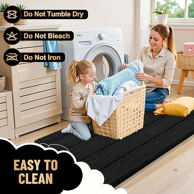 OLANLY Thick Bathroom Runner Rugs 47x20, Extra Absorbent Chenille Striped Bath Rugs, Rubber Backing, Machine Wash Dry, Long Bath Mats for Bathroom Floor, Tub and Shower, Home Decor Accessories, Black