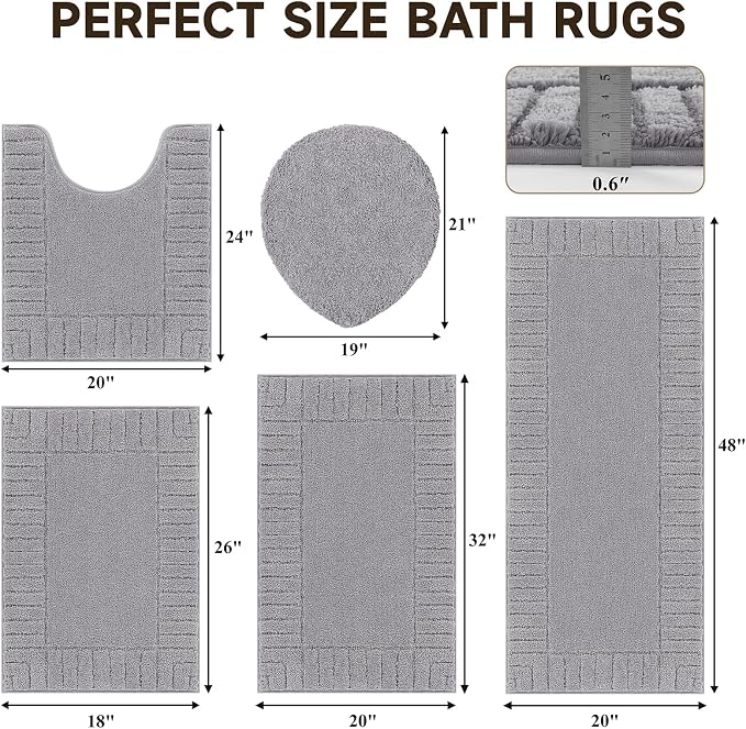 Pauwer Bathroom Rugs Set 5 Piece Non Slip Washable Bath Mat Set with U Shaped Contour Toilet Rugs Plush Absorbent Microfiber Shower Mat and Toilet Lid Cover for Bathroom, Light Grey