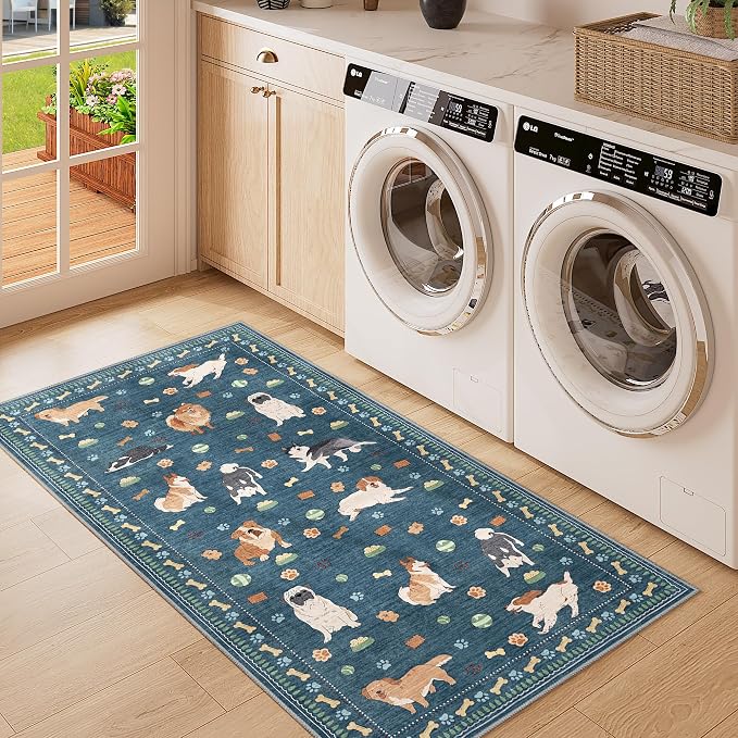 DUKINO 2x4 Runner Rug for Entryway, Animal Dog Print Washable Kitchen Rug with Non Slip, Low Pile Indoor Door Mat Non Shedding Small Throw Carpet Runner for Hallway, Bathroom, Laundry, Bedroom, Blue