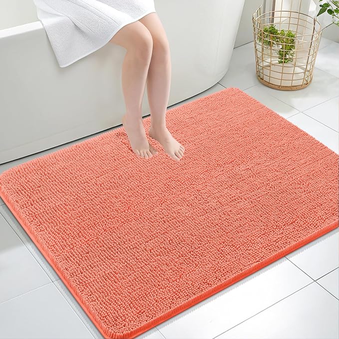 OLANLY Large Bathroom Rugs 40x32, Extra Soft Absorbent Chenille Bath Rugs, Rubber Backing Quick Dry, Machine Washable Bath Mats for Bathroom Floor, Tub and Shower, Home Decor Accessories, Coral