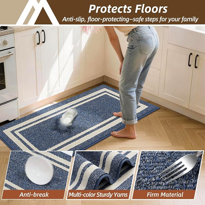 COSY HOMEER Kitchen Rugs Sets 2PCS,Non-Slip Washable Kitchen Mats for Floor,Absorbent and Stain Resistant Kitchen Runner Rugs for Kitchen Sink Laundry Entryway,24"x35"+24"x60",Blue