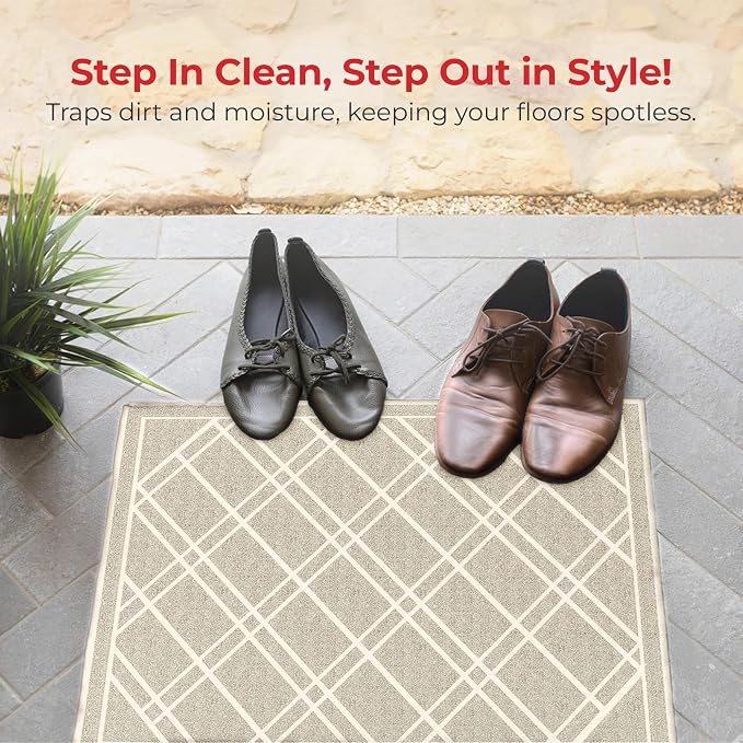 SlipToGrip Universal Door Mat, Plaid Design - Light Beige, 42 x 35 - Anti Slip, Durable and Washable, Outdoor and Indoor Floor Welcome Mat - Front Door, Dust Absorbent