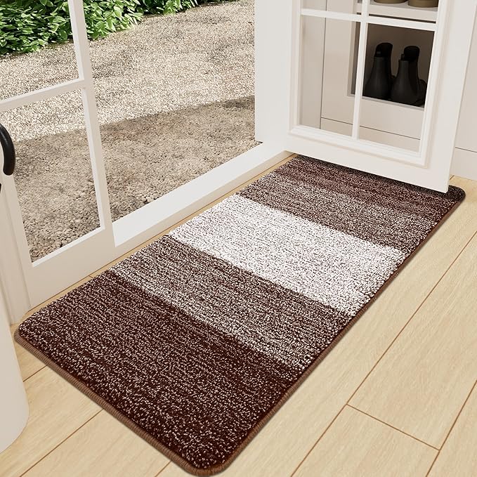 Kitinjoy Indoor Outdoor Door Mat, 71x24 Non-Slip Absorbent Dirt Trapper, Low-Profile Washable Inside Entrance Front Floor Mat, Sturdy Soft Entry Doormats for Entryway, Brown