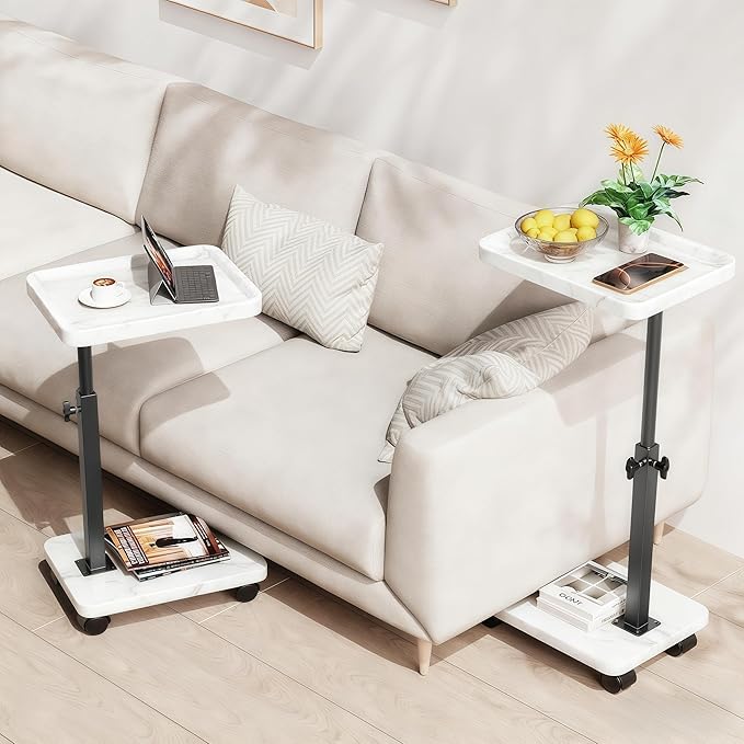 C Table End Table Adjustable Height, 360°Swivel TV Tray Table for Small Spaces, Side Tables with Wheels for Living Room and Bedroom, Bed (White)