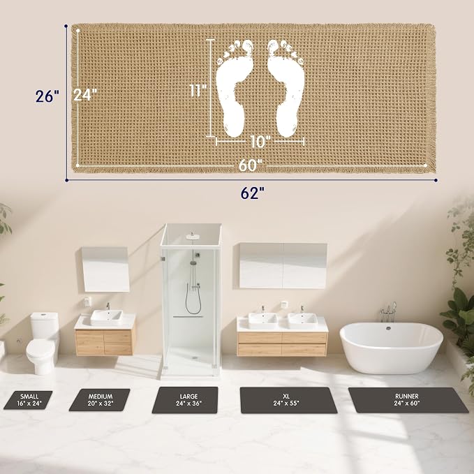SUBRTEX Waffle Braided Bath Mat, 24" x 60" Soft Waffle Bath Rugs, Absorbent Non Slip Bathrooom Mats, Machine Washable Area Rug for Bathroom, Quick Dry, Khaki