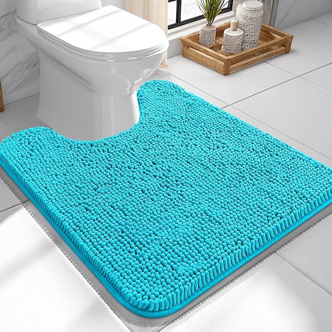 OLANLY Toilet Rugs U-Shaped 24x24, Extra Soft Absorbent Chenille Contour Bathroom Rugs for Toilet, Dry Quickly, Machine Washable, Non-Slip Bath Mat, Aqua Sky