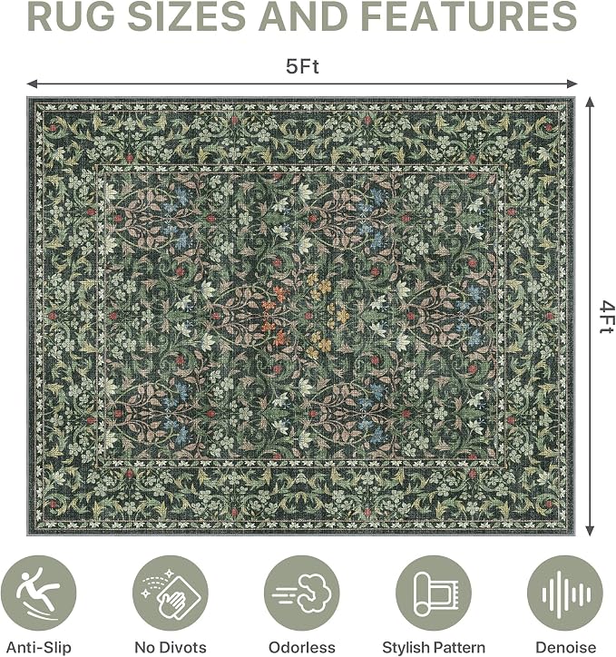 48"x60" Office Chair Mat for Hardwood Tile Floor, Under Desk Carpet Protector for Rolling Computer Chair Mat, Machine Washable Area Rug, Anti-Slip 1/5" Thick Low Pile Thin Vinyl Floor Mat, Moss Green