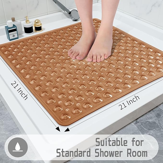 Yimobra Shower Mat 21X21 Inch Square, Non Slip Bathtub Mat with Large Suction Cups&Drain Holes, Fast Dry Shower Stall Mats for Inside Shower, Machine Washable BPA-Free, Bath Essentials,Clear Brown