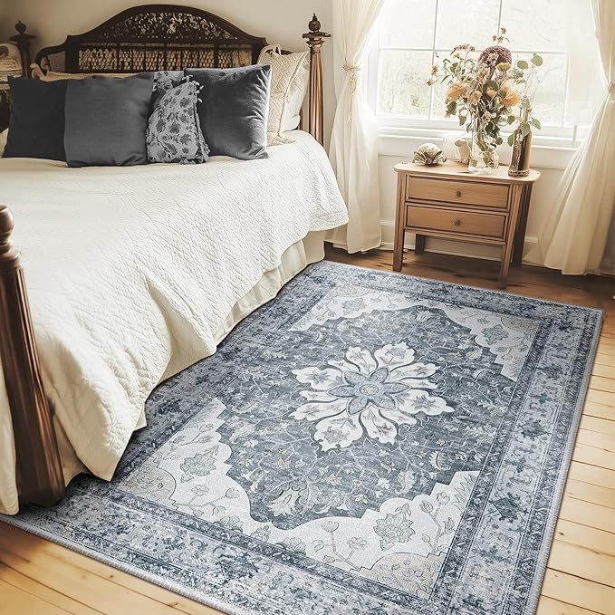 RELEANY Area Rugs 5'x7' Washable Non-Slip, Floral Vintage Distress Medallion Carpet for Living Room Bedroom Dining Room, Light Gray Grey White