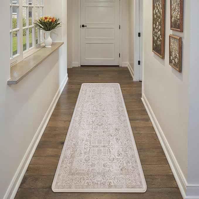 PureCozy Kitchen Mats 2PCS Anti Fatigue Cushioned Mat Light Brown Vintage Kitchen Mats for Floor Waterproof Non Slip Comfort Standing Retro Floral Rug for Sink Laundry Office 17.3"x59"+17.3"x30"