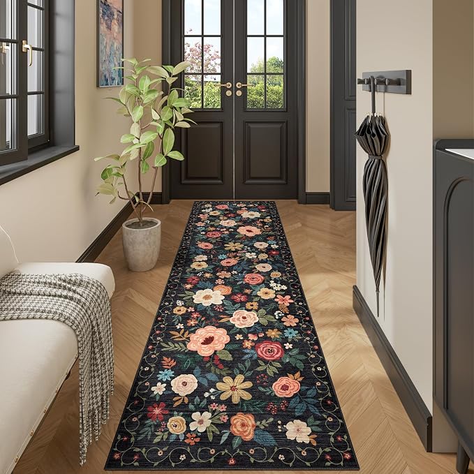 DUKINO Runner Rug, 2x10 Kitchen Runner Rug for Hallway with Non Slip Backing, Washable Low Pile Soft Boho Floral Carpet for Kitchen, Entryway, Hallway, Laundry, Bedroom, Black