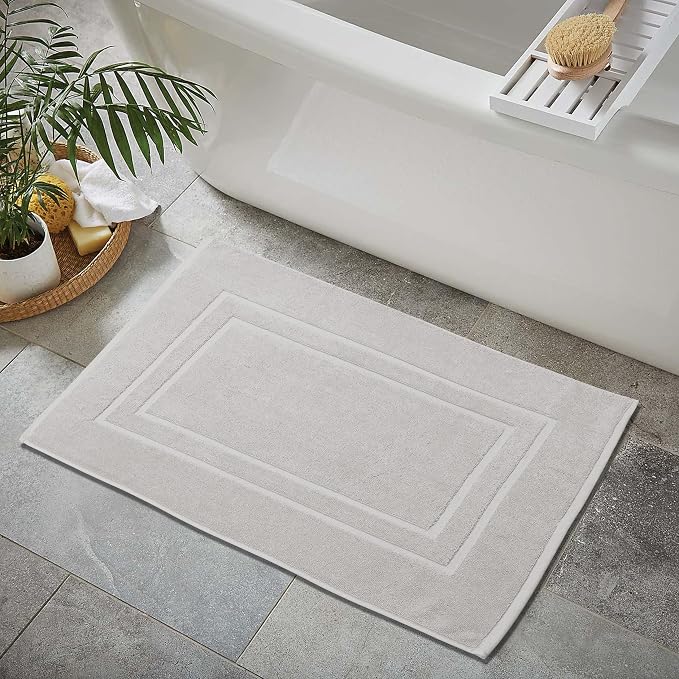 Feather & Stitch 2 Piece Towel Like Bath Mats (30x21 Inch) 100% Cotton Terry Bath Mats, Bathroom Shower Floor Mats [NOT A Bathroom Rug], Soft Absorbent Washable Mats - Sliver