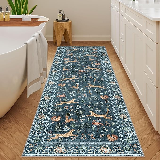 DUKINO 2x10 Rug for Hallway, Washable Kitchen Runner Rug with Non Slip Backing, Soft Low Pile Vintage Animal Runner for Bedroom, Kitchen, Hallway, Entryway, Laundry, Blue
