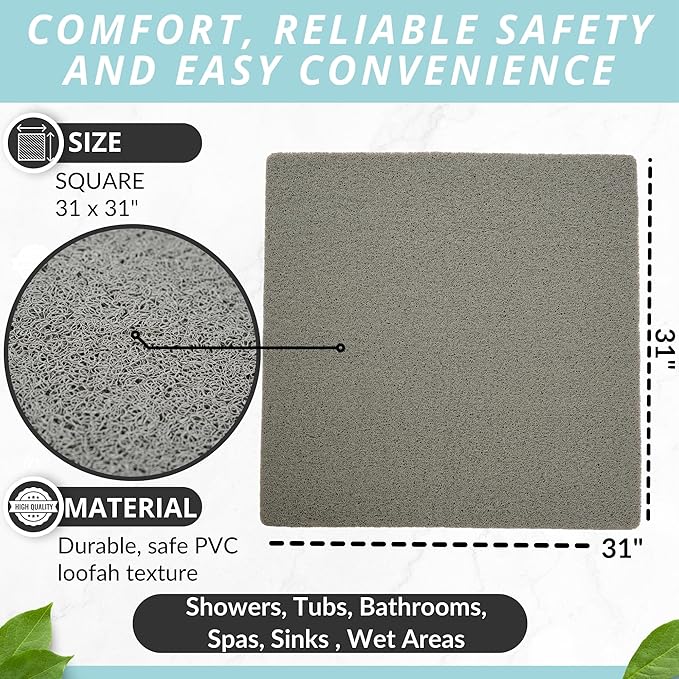 ENKOSI Loofah Square Shower Mat - Non Slip Shower Mats for Inside Shower - Extra Large 31x31 Shower Floor Mat Non Slip - Square Bath Mat for Shower - Secure Anti Slip Shower Bathroom Mat (31x31 Gray)