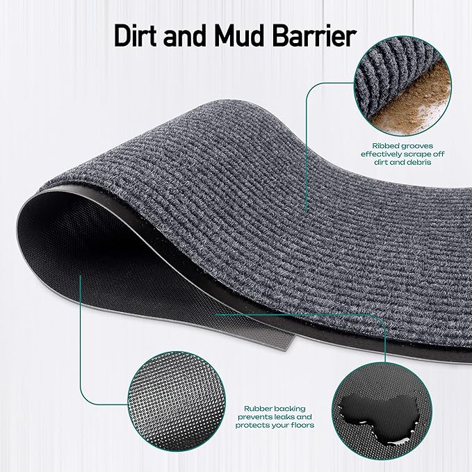 MaxMat® Commercial Entryway Mat - Large Rubber Heavy Duty Doormat, Indoor/Outdoor, Easy Clean, Waterproof Floor Mat (4 x 10 Feet, Grey, MXM-RIB0410GY)