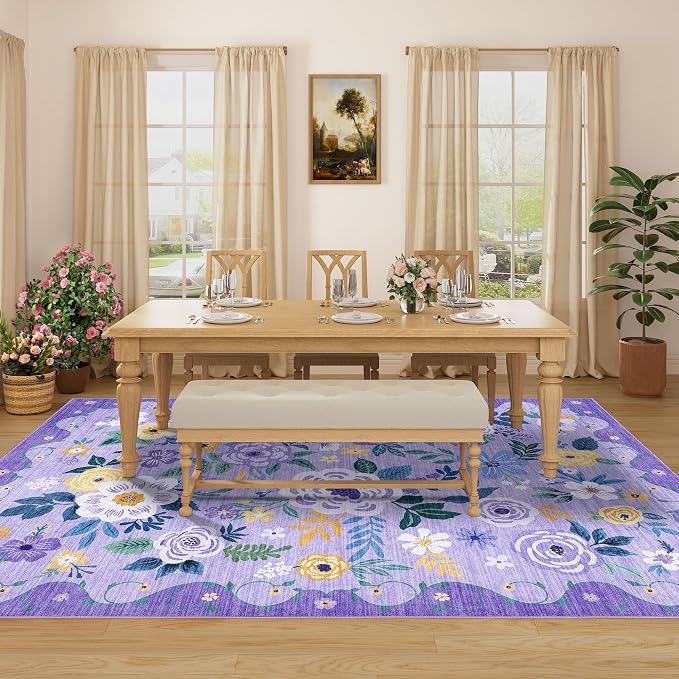 DUKINO 8x10 Area Rug, Floral Rugs for Living Room, Lightweight Non Slip Washable Rug, Indoor Low Pile & Non-Shedding Boho Design Rugs for Bedroom, Living Room, Dining Room, Purple