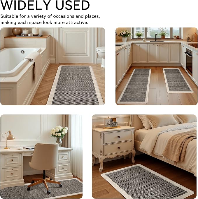 Black Vintage Boho Elegance Kitchen Rug Sets [2 PCs], Anti-Fatigue, Waterproof Non-Slip Kitchen Mats Heavy Duty Comfort Foam Rug for Kitchen, Floor, Laundry,17"x29"+17"x47"