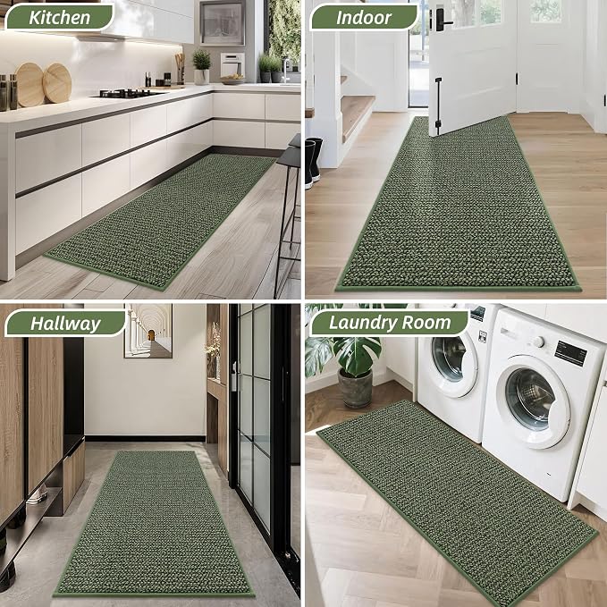 BEQHAUSE Dirt Trapper Door Mat 24" x 60", Non-Slip Washable Doormats Entrance Mat, Dirt Resistant and Absorbent Welcome Mat, Low Profile Floor Mats for Front Back Door and Entryway, Green