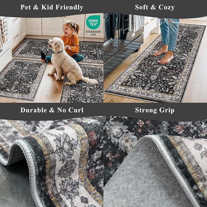 Square Rugs 5x5 Washable for Entryway: Non Slip Indoor Foot Carpet for Living Room, Boho Soft Black 5'x5' Low Pile Neutral Area Rug for Kitchen Dining Room Bathroom (Black, 5x5)