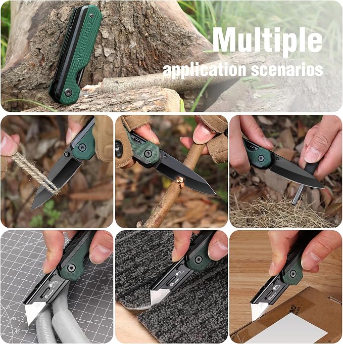 WORKPRO 2-in-1 Folding Knife/Utility Knife, Quick-Change Box Cutter with Belt Clip, Liner Lock, and G10 Handle, Extra 10 SK5 Blades Included, Green