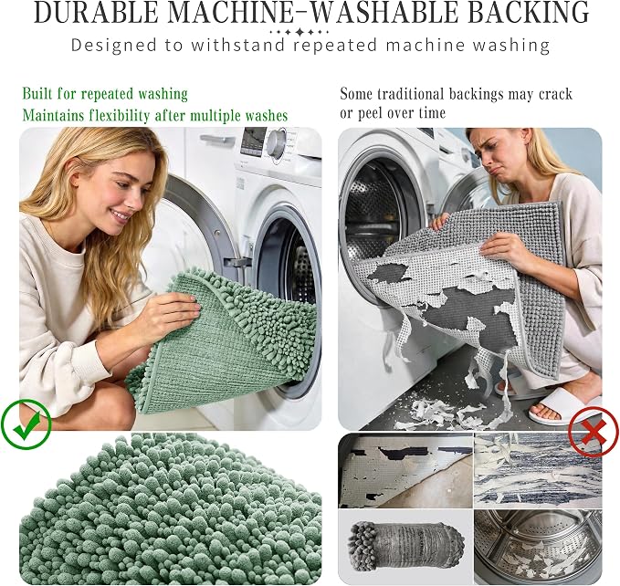 Yimobra Bathroom Rugs Non Slip Washable - Ultra Soft Absorbent Chenille Bath Mat, Quick Dry Shaggy Floor Carpet for Tub Shower, Green Home Decor Accessories, 24x17 Inch