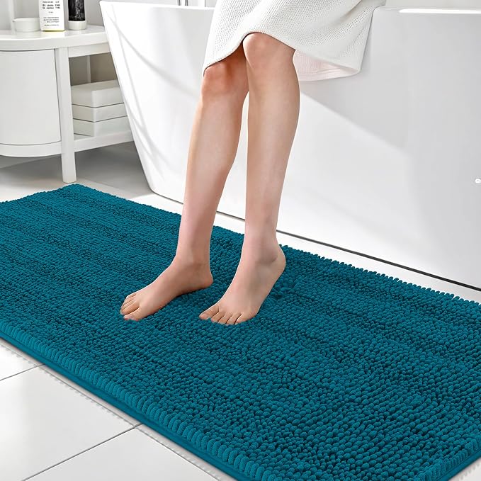 OLANLY Thick Bathroom Runner Rugs 70x24, Absorbent Chenille Striped Bath Rugs, Rubber Backing, Machine Wash, Extra Long Bath Mats for Bathroom, Tub and Shower, Home Decor Accessories, Peacock Blue
