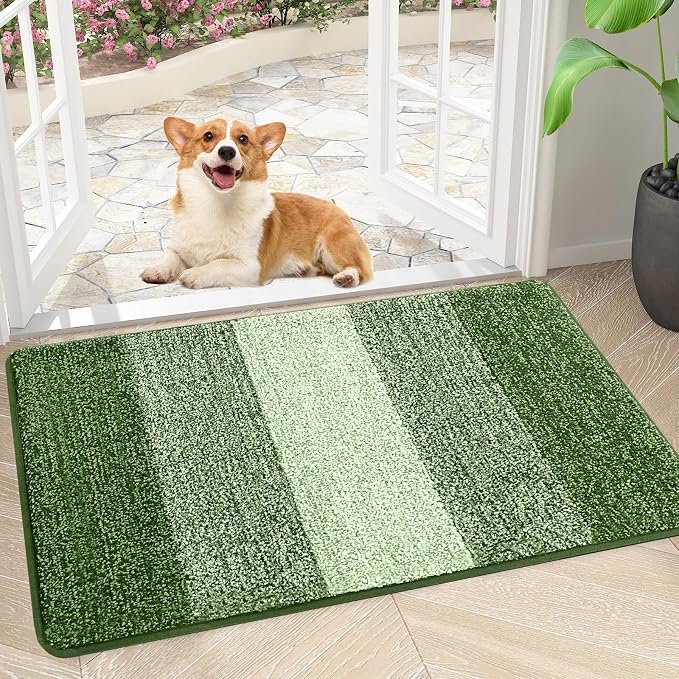 Smiry Dog Door Mat for Muddy Paws, Absorbs Moisture and Dirt, Low-Profile Entryway Mat with Non-Slip Backing, Entry Indoor Outdoor Doormat for Inside Floor (30x17 Inches, Green, Striped)