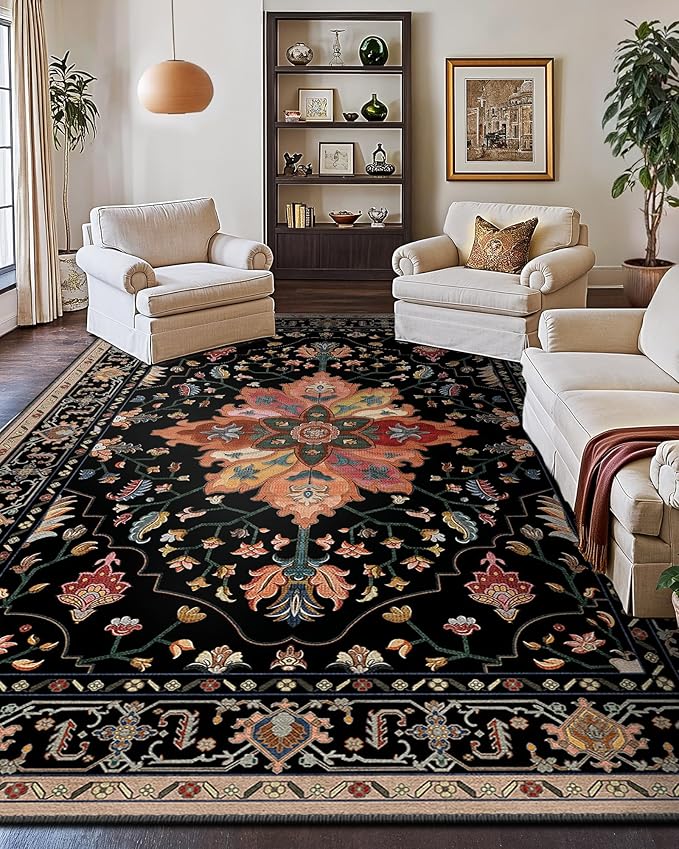 RELEANY Area Rugs Large 10'x14' Washable Non-Slip, Floral Vintage Distress Medallion Carpet for Living Room Bedroom Dining Room, Black Colorful Floral Dark Tan