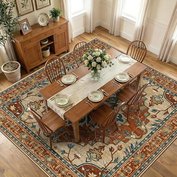 RELEANY Area Rugs Square 10ft Washable Non-Slip, Floral Vintage Distress Medallion Carpet for Living Room Bedroom Dining Room, Red Orange Blue Brown