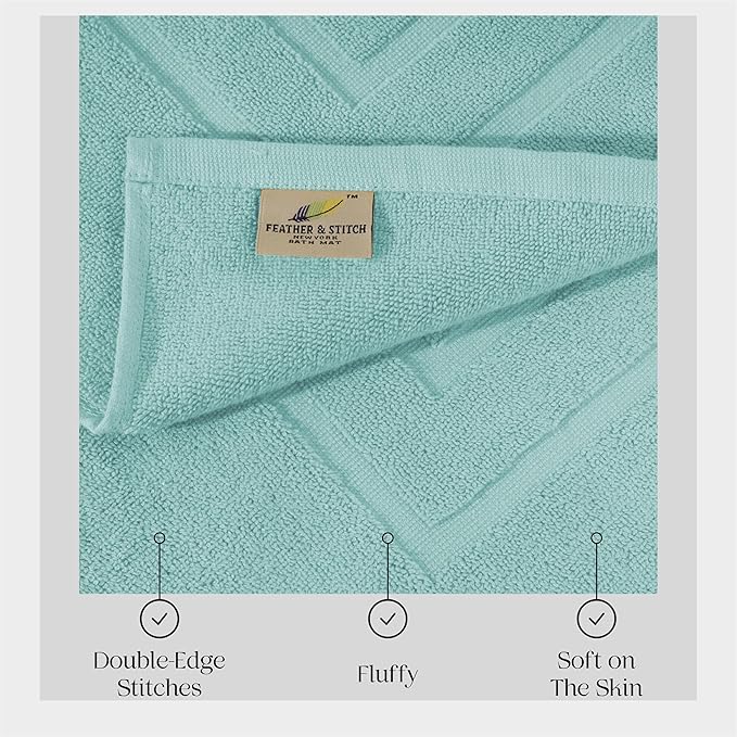 Feather & Stitch 2 Piece Towel Like Bath Mats (30x21 Inch) 100% Cotton Terry Bath Mats, Bathroom Shower Floor Mats [NOT A Bathroom Rug], Soft Absorbent Washable Mats - Sea Foam