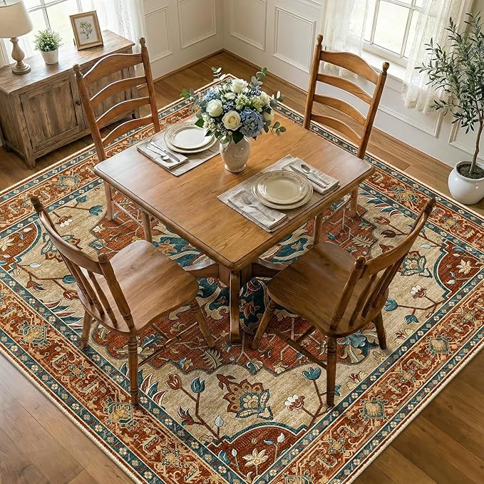 RELEANY Area Rugs Square 7ft Washable Non-Slip, Floral Vintage Distress Medallion Carpet for Living Room Bedroom Dining Room, Red Orange Blue Brown