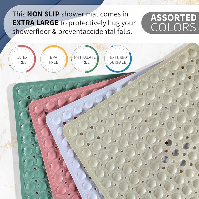 Yimobra Shower Stall Mat Non Slip, 21x21 Inch, Soft Square Bath Mat for Shower with Suction Cups and Drain Holes, Stall Floor Mats for Bathroom, Machine Washable, Bathroom Accessories, Clear Purple